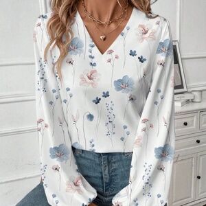 Floral v neck top womens super cute white top blouse
